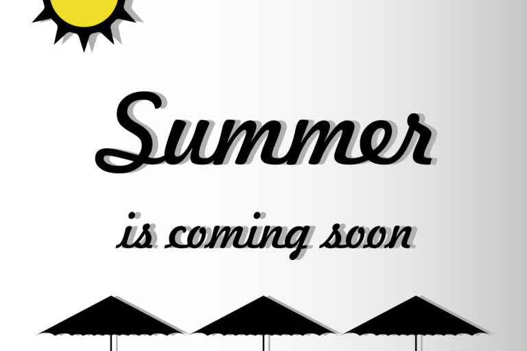 The inscription soon summer against the background of beach umbrellas and sun