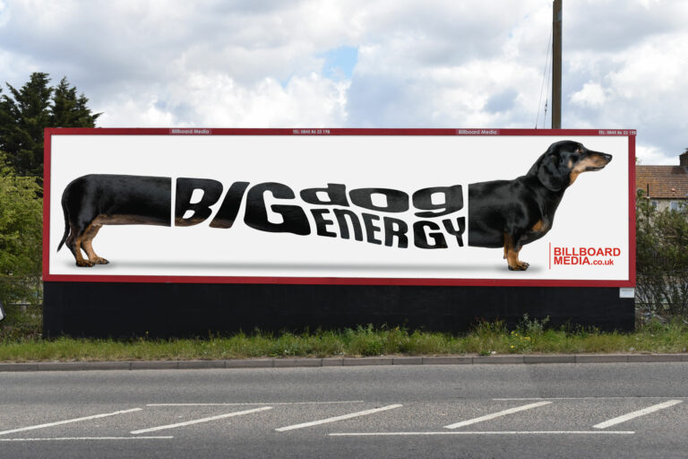 Photo of a 96 sheet billboard in London. The image displays a very long sausage dog that has 'Big God Energy' in the middle. Purpose of the image is to convey the striking ntsure of 96 sheet billboards and highlight their huge size.