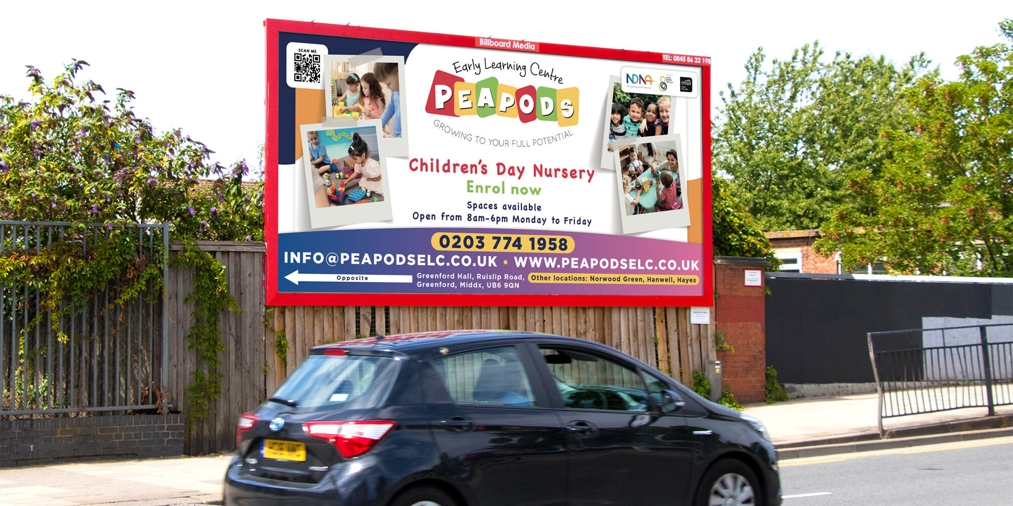 Billboard containing a campaign for a Nursery called Peapods. This Nursery is an Early Years Provider. tHe purpose is to advertise the nursery,