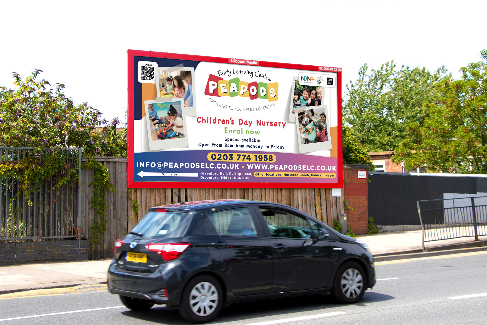 Peapods-2 Billboard containing a campaign for a Nursery called Peapods. This Nursery is an Early Years Provider. tHe purpose is to advertise the nursery,